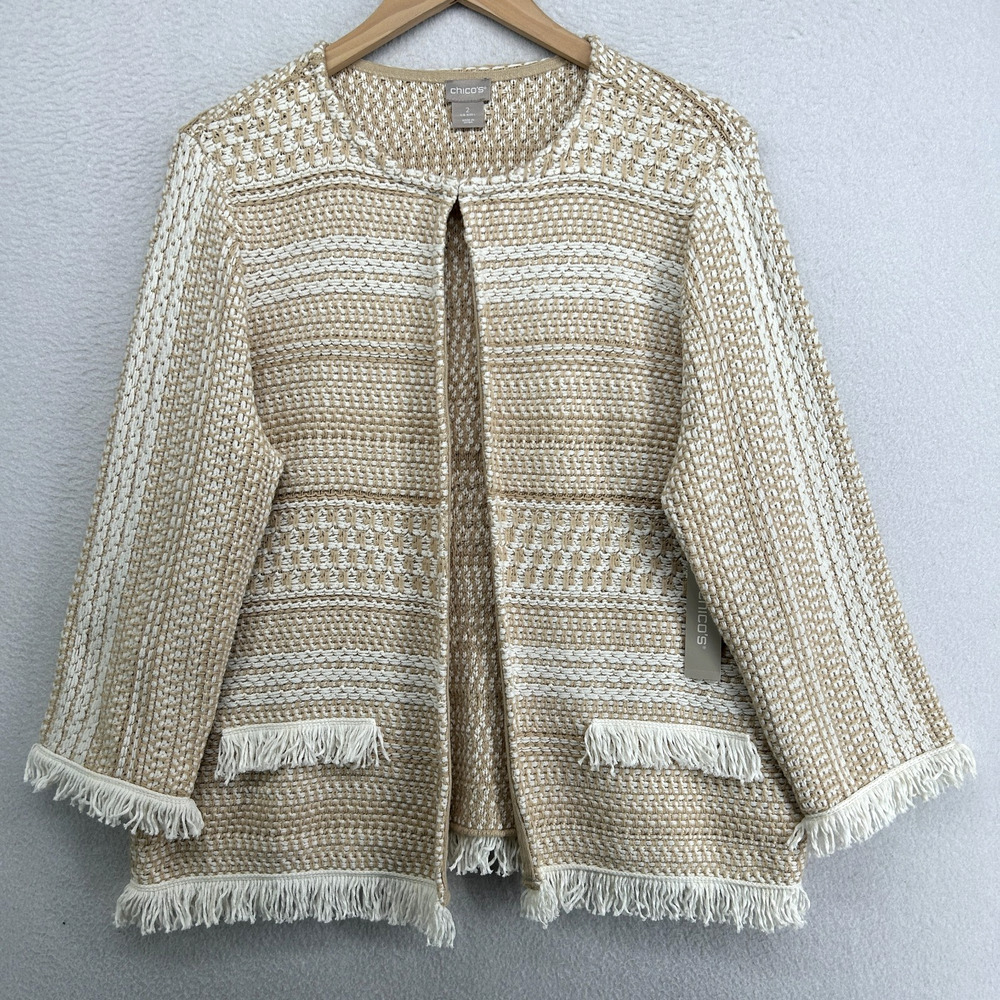 CHICOS Sweater 2 L Cardigan Sweater Fringe Detail Striped Cotton Blend Beige NEW